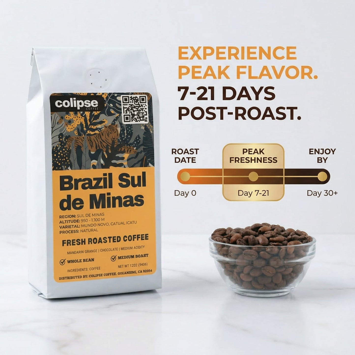 Coffee package with a bowl of coffee beans and text about peak freshness on a white background
