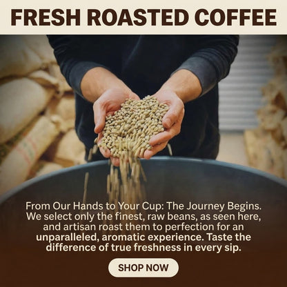 Person holding roasted coffee beans with text about the coffee's journey and a 'Shop Now' button.
