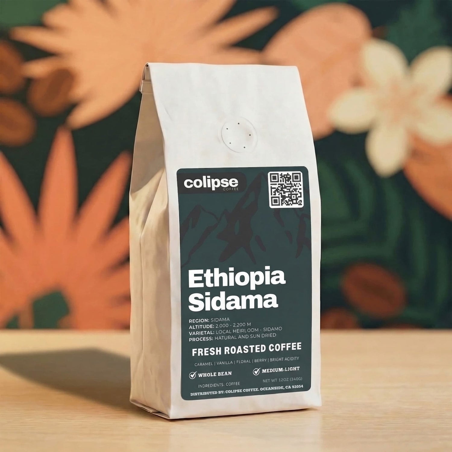 Coffee package labeled 'Ethiopia Sidama' with a bowl of coffee beans on a light gray background, featuring the text 'Subscribe and Save'.