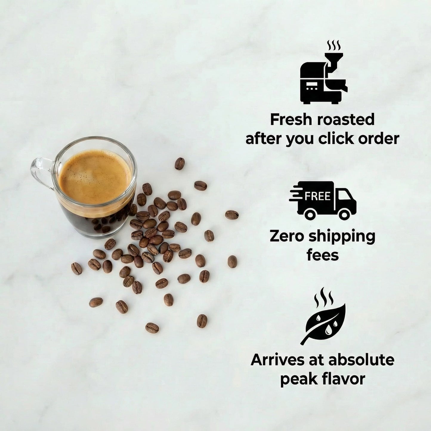 Cup of coffee and coffee beans on a white surface with promotional text about fresh roasting, free shipping, and peak flavor.