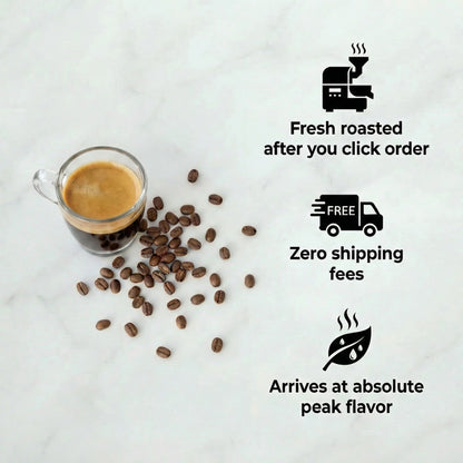 Cup of coffee and coffee beans on a white surface with promotional text about fresh roasting, free shipping, and peak flavor.