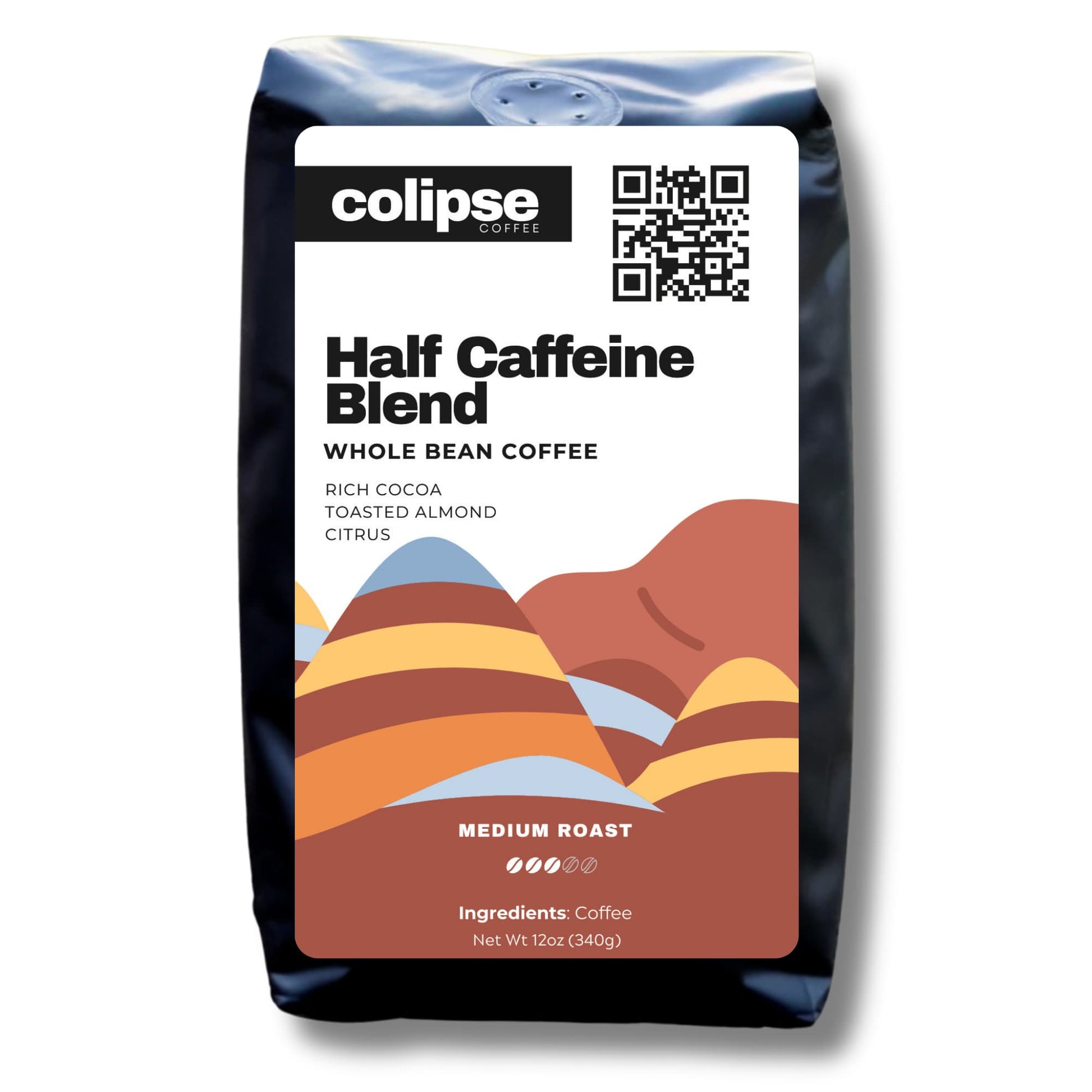 Colipse Half Caff whole bean coffee, balanced caffeine with smooth taste.