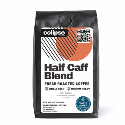 Colipse Half Caff whole bean coffee, balanced caffeine with smooth taste.