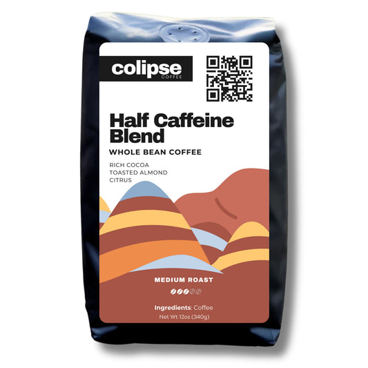 Colipse Half Caff whole bean coffee, balanced caffeine with smooth taste.