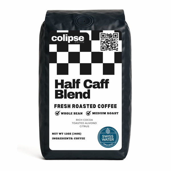 Colipse Half Caff whole bean coffee, balanced caffeine with smooth taste.