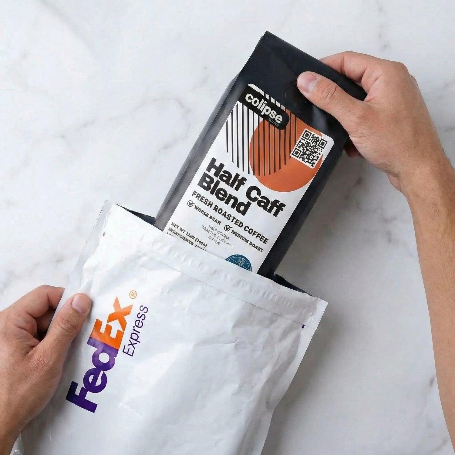 Two coffee packages, one labeled 'Colpse' and the other 'FedEx Express', on a marble surface.