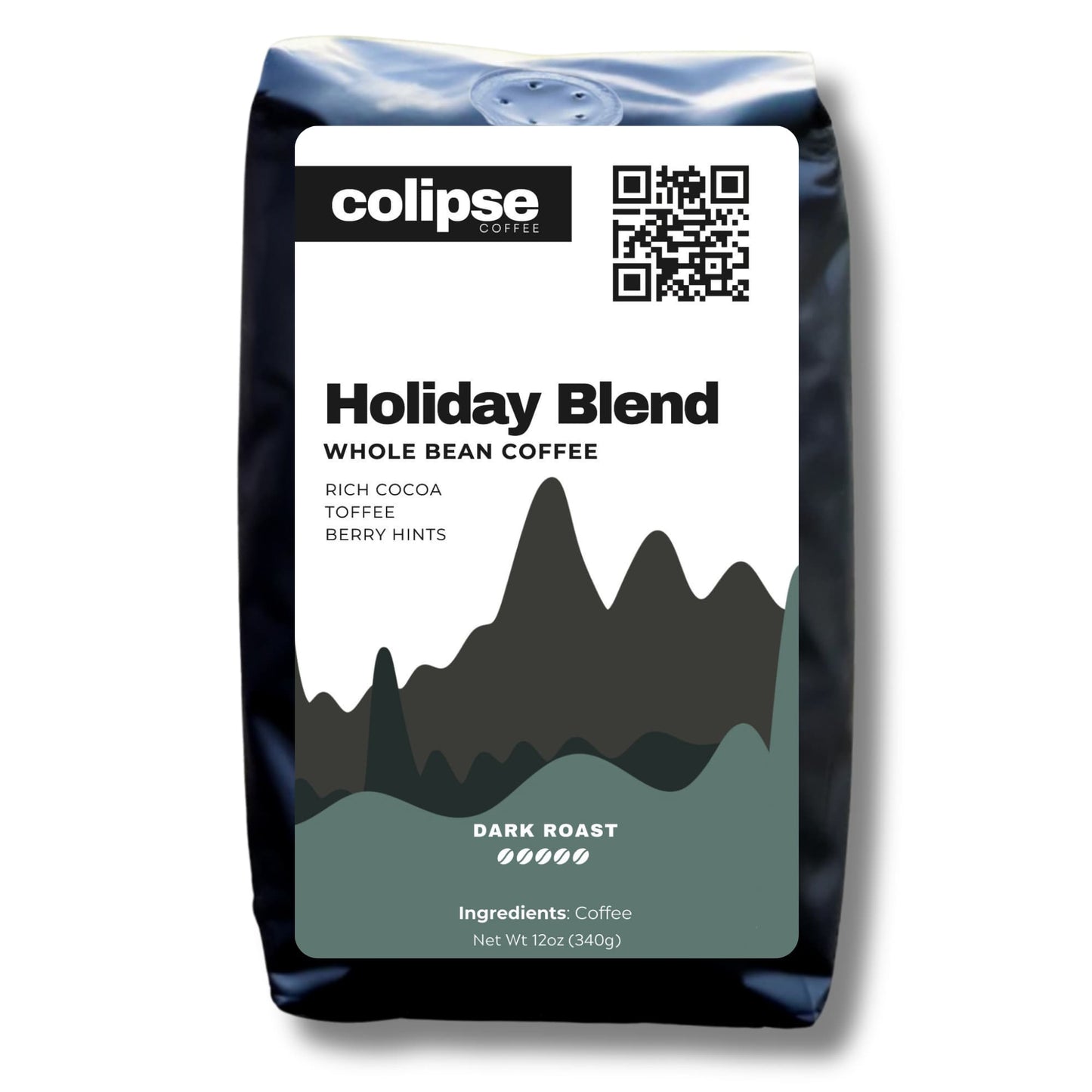 Colipse Holiday Blend whole bean coffee bag with festive flavors.