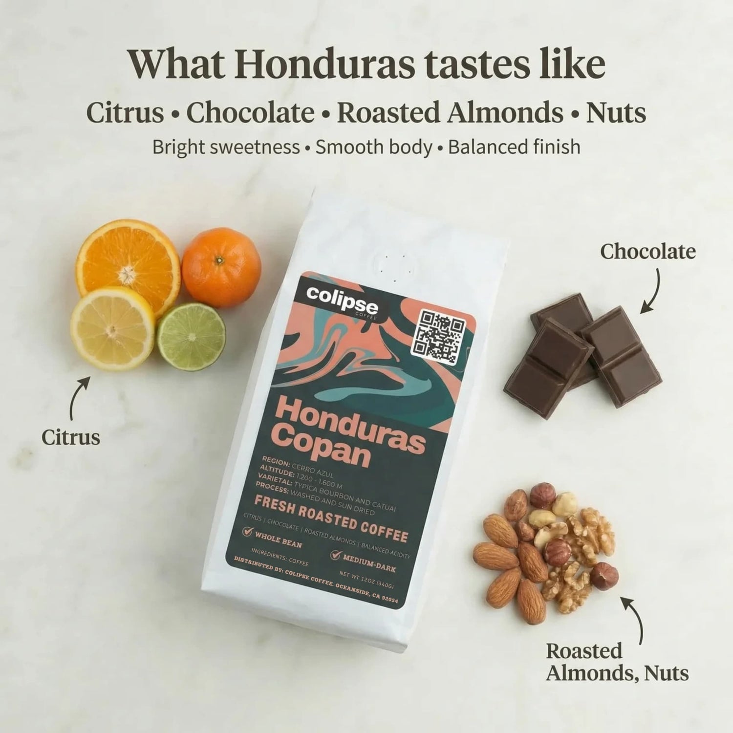 Colipse Honduras Copan coffee package with citrus, chocolate, roasted almonds, and nuts on a white background
