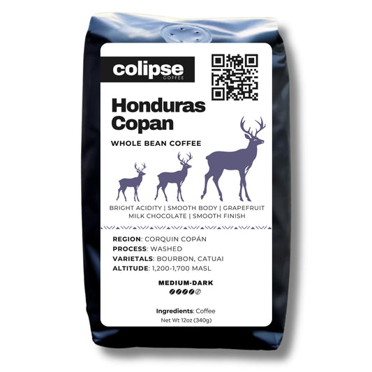 Colipse Honduras whole bean coffee, medium-bodied with caramel sweetness.