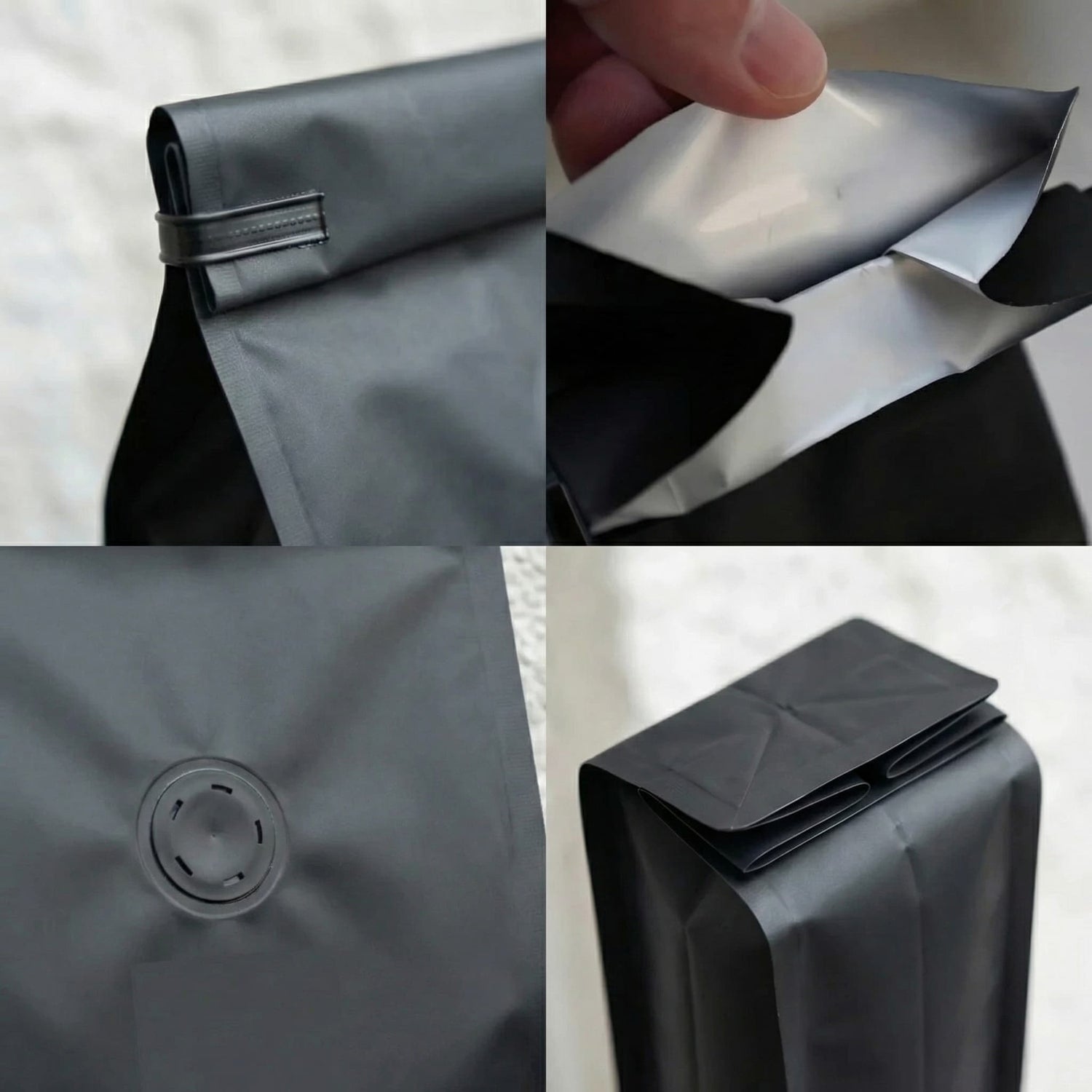 Collage of a gray folding coffee bag with various features highlighted.