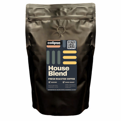 Coffee bag labeled 'House Blend' with 'colpse' branding on a white background