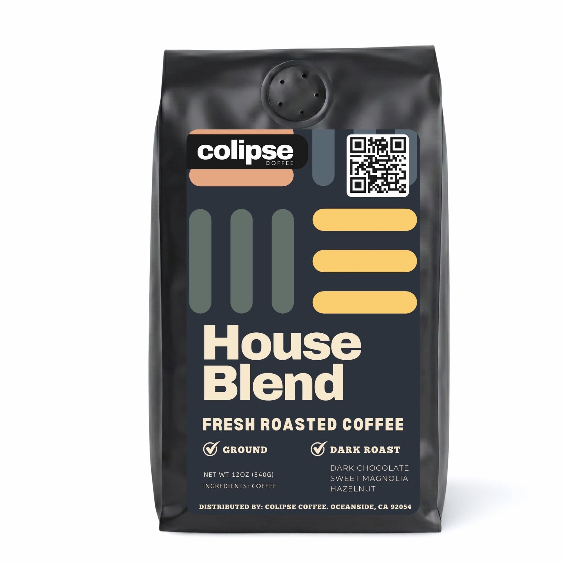 A bag of Colipse House Blend coffee grounds, smooth and well-rounded.