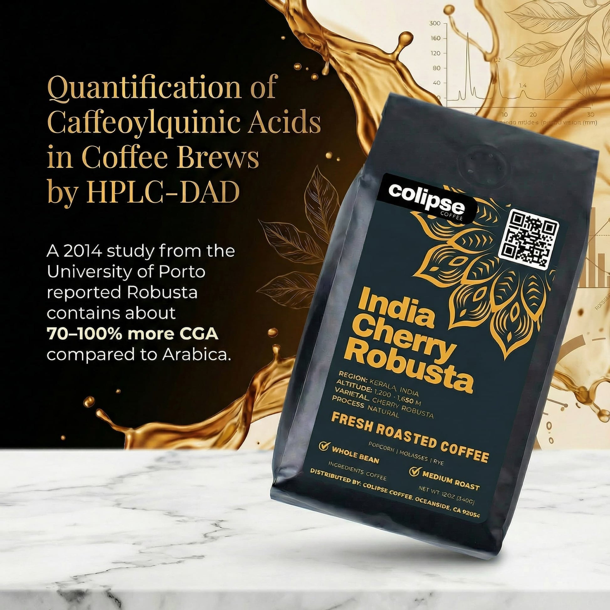 Colipse India Cherry Robusta coffee bag on a marble surface with text about caffeoylquinic acids.