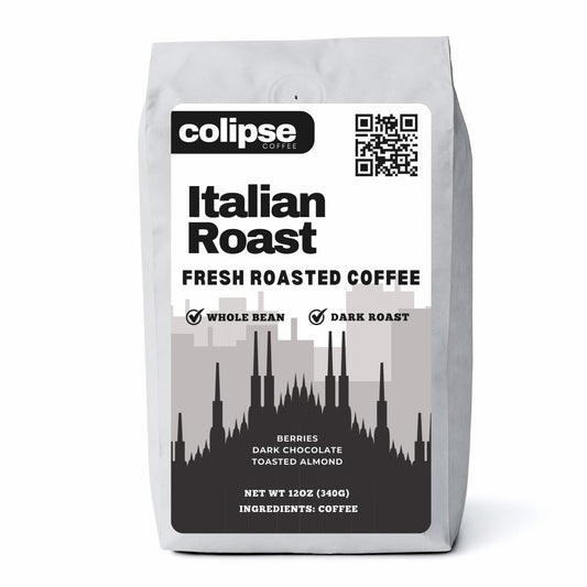 Colipse Italian Roast whole bean coffee bag with a bold, dark roast.