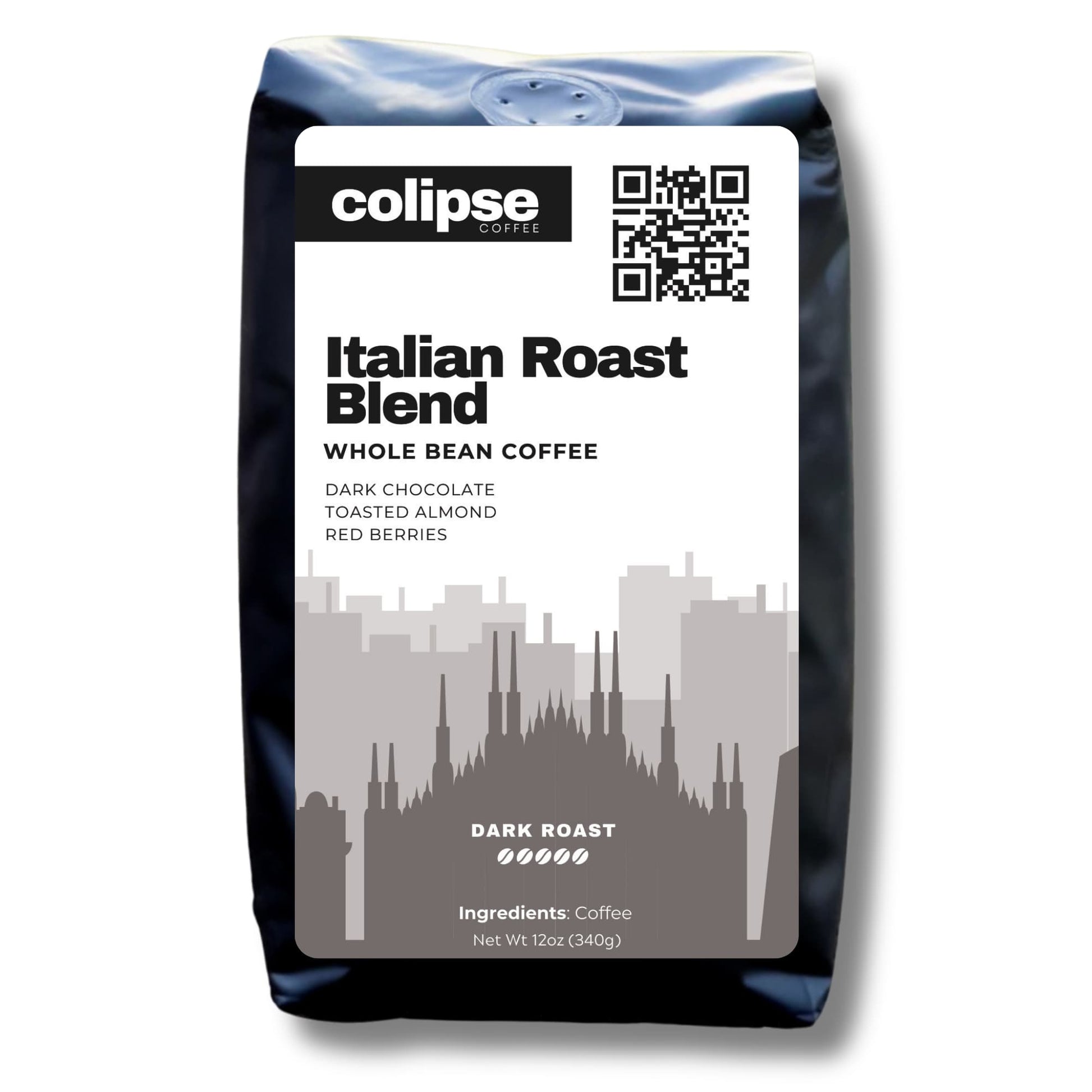 Colipse Italian Roast whole bean coffee bag with a bold, dark roast.