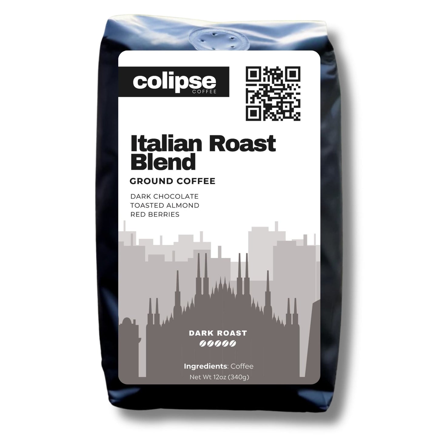 A bag of Colipse Italian Roast coffee grounds, rich and dark.