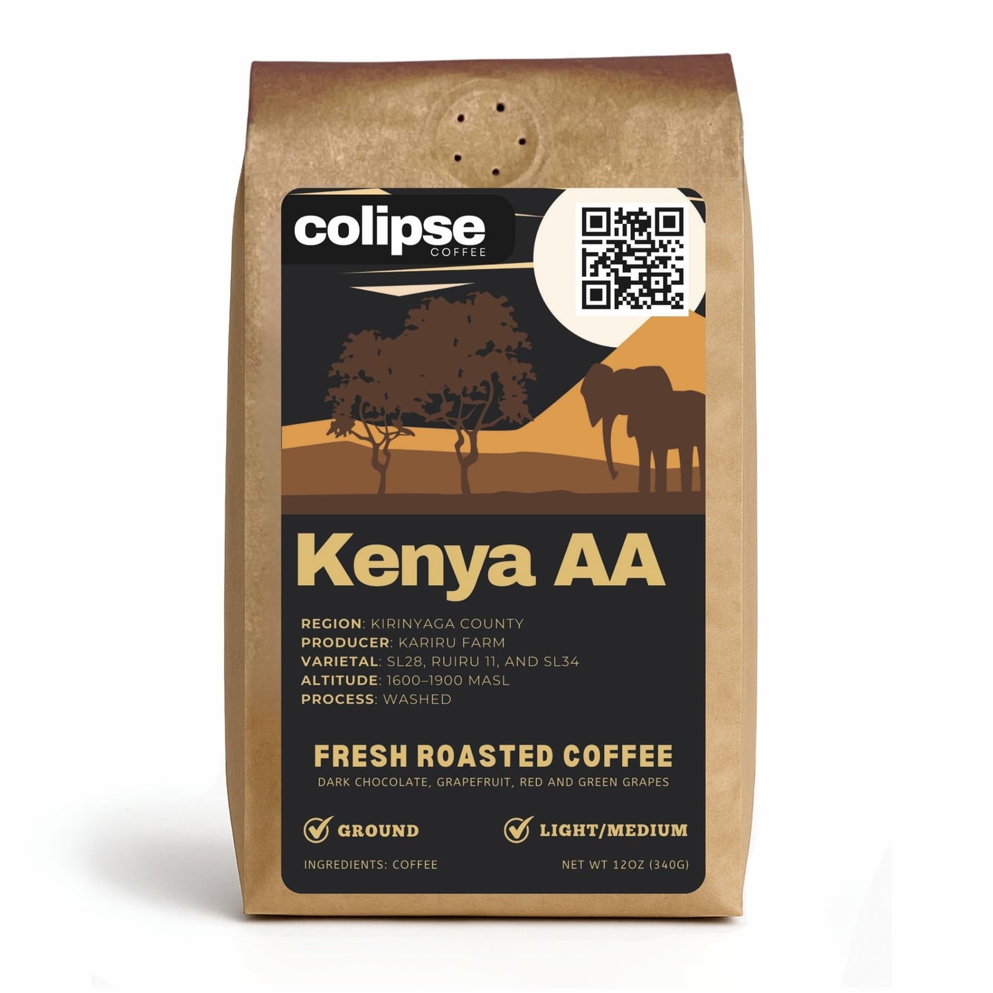 Colipse Coffee Kenya AA coffee bag with scenic design on a white background