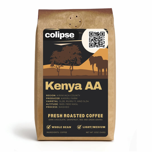 Colipse Coffee Kenya AA coffee bag with scenic design on a white background