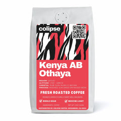 A bag of Colipse Kenya whole beans, bright and fruity with wine-like acidity.