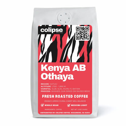 A bag of Colipse Kenya whole beans, bright and fruity with wine-like acidity.