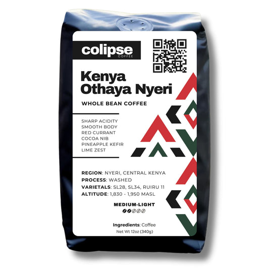 A bag of Colipse Kenya whole beans, bright and fruity with wine-like acidity.