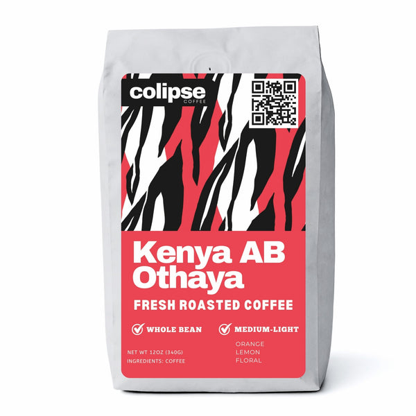 A bag of Colipse Kenya whole beans, bright and fruity with wine-like acidity.