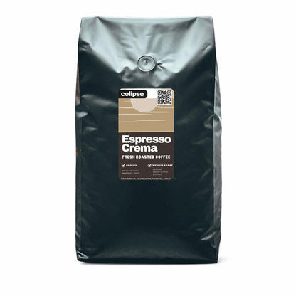 Black coffee bag labeled 'Espresso Crema' with 'colipse' branding on a white background