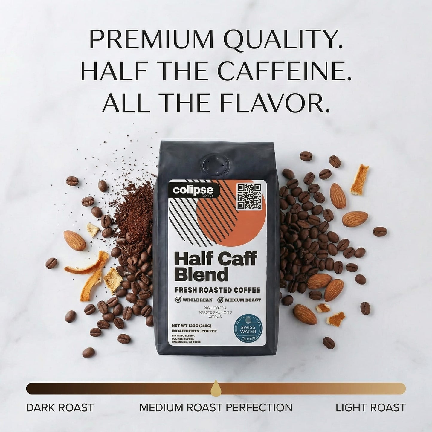 Colipse Half Caff Blend coffee package with coffee beans and almonds on a light background
