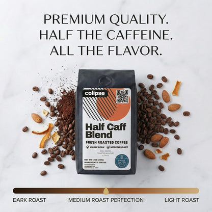 Colipse Half Caff Blend coffee package with coffee beans and almonds on a light background