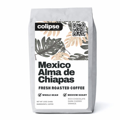 Colipse Mexico whole bean coffee bag with sweet chocolate and nutty flavors.