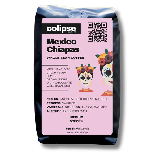 Colipse Mexico whole bean coffee bag with sweet chocolate and nutty flavors.