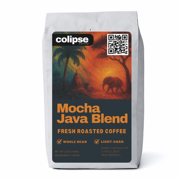 Coffee bag labeled 'Mocha Java Blend' with a scenic design and QR code on a white background