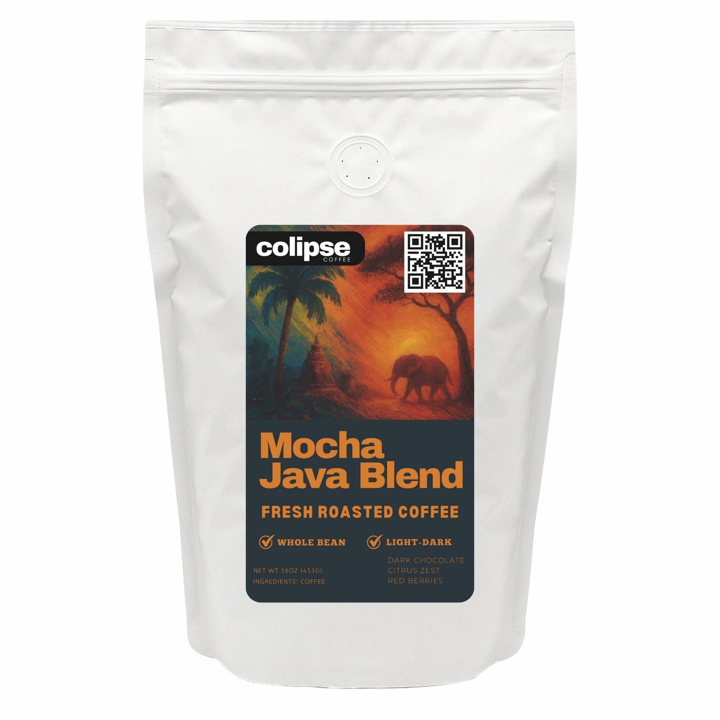 Coffee bag with 'colipse' branding and a scenic label on a white background