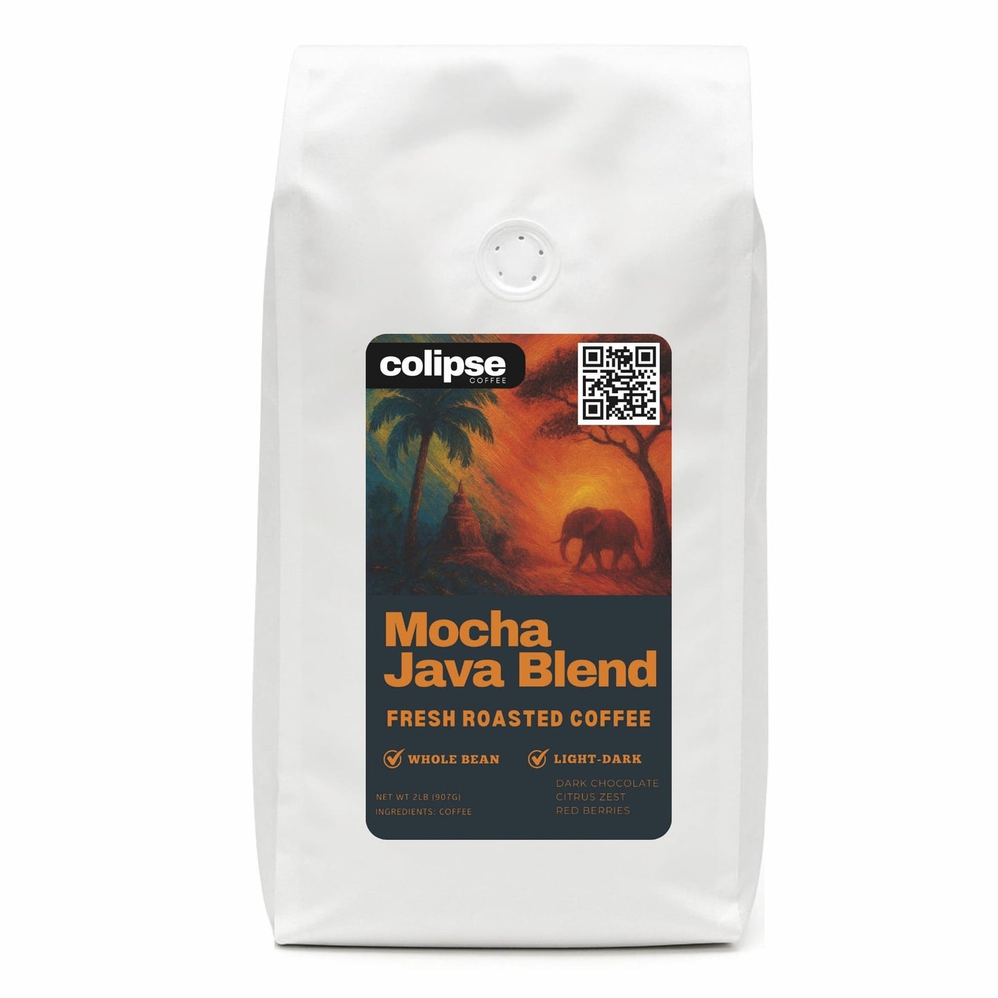 Colipse Mocha Java Blend coffee bag with a scenic label on a white background