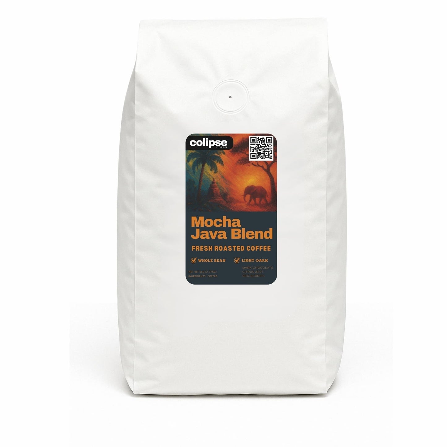 White coffee bag with 'Colipse' Mocha Java Blend label on a white background