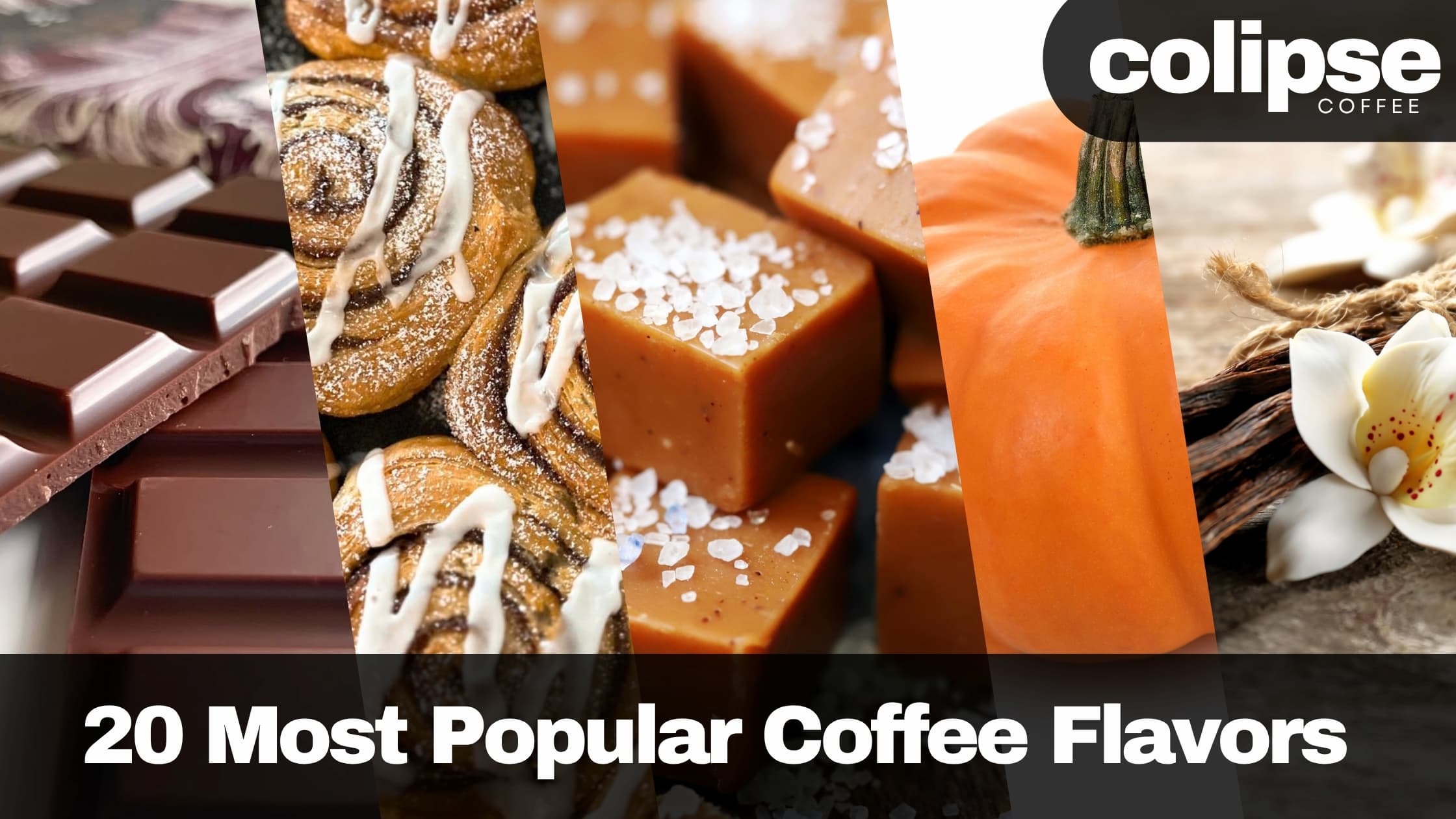 Collage of chocolate bars, caramel candies, and pumpkins with colipse coffee branding.