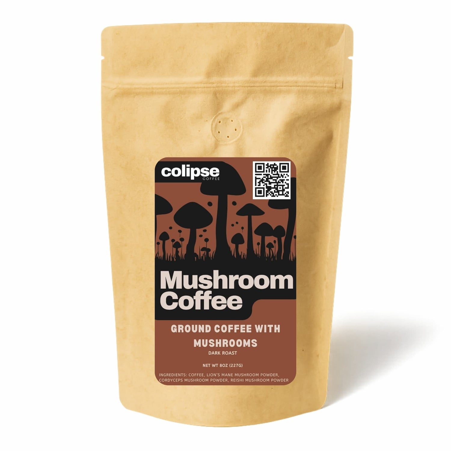 Kraft paper coffee package with 'colipse' branding and mushroom design on a white background