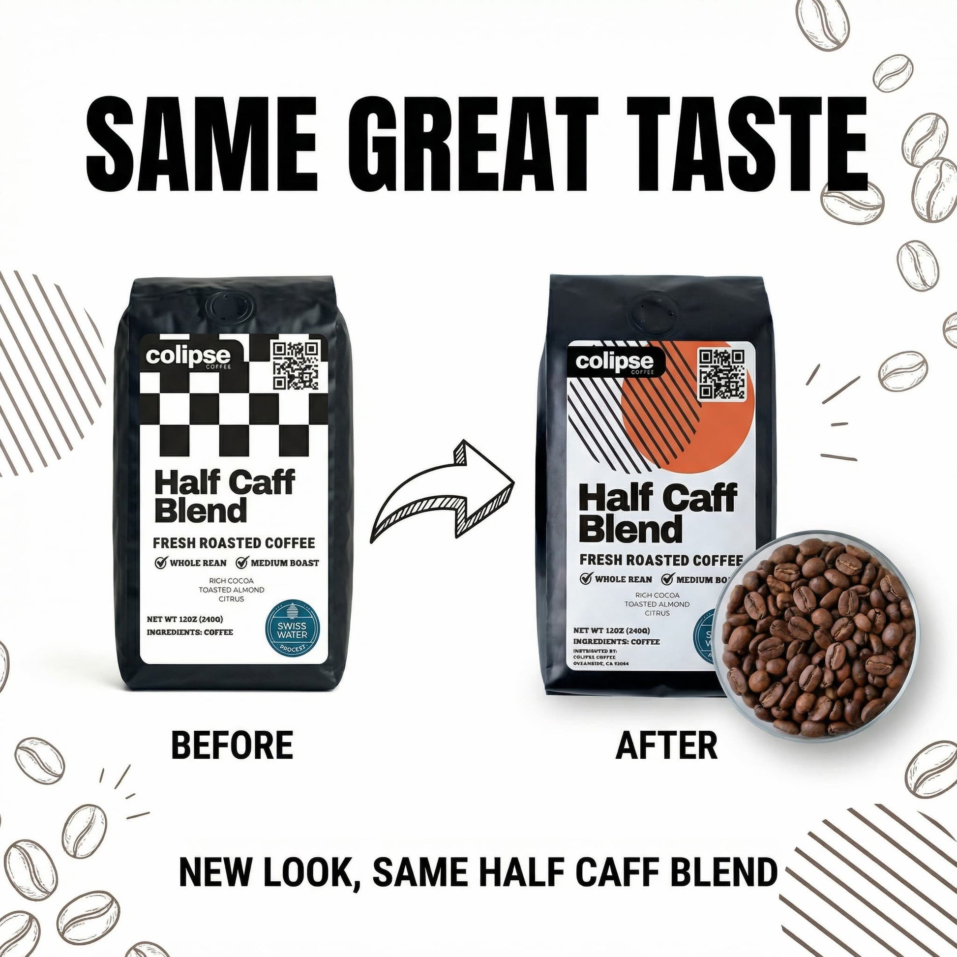 Two packages of colipse Half Caff Blend coffee with a bowl of coffee beans and text about new packaging design.