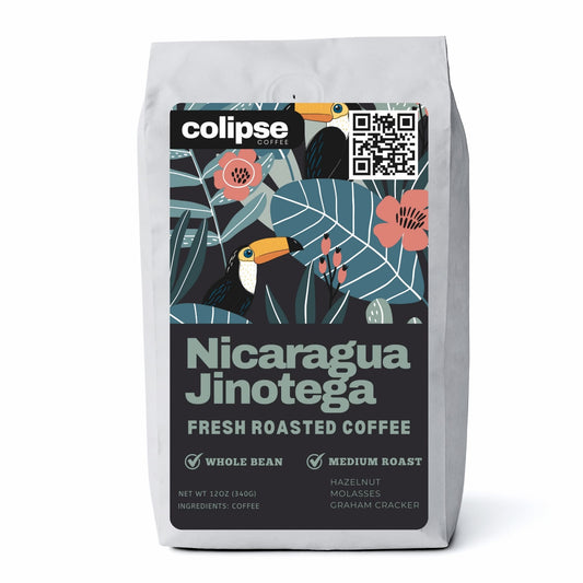 Colipse Nicaragua whole bean coffee bag with chocolate and nutty undertones.
