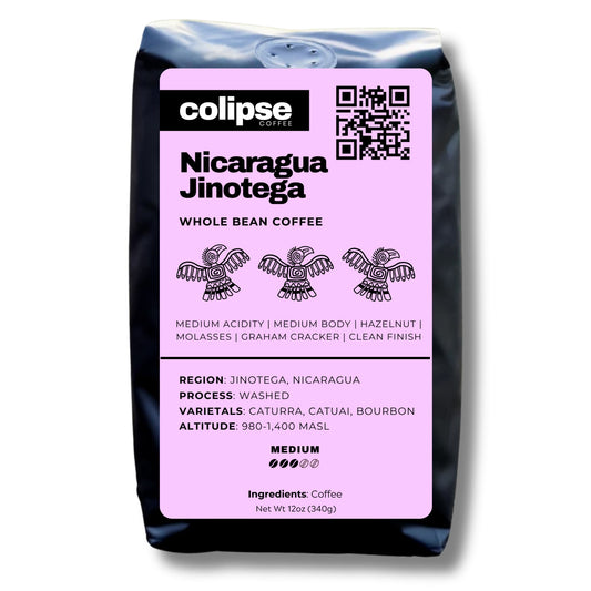 Colipse Nicaragua whole bean coffee bag with chocolate and nutty undertones.