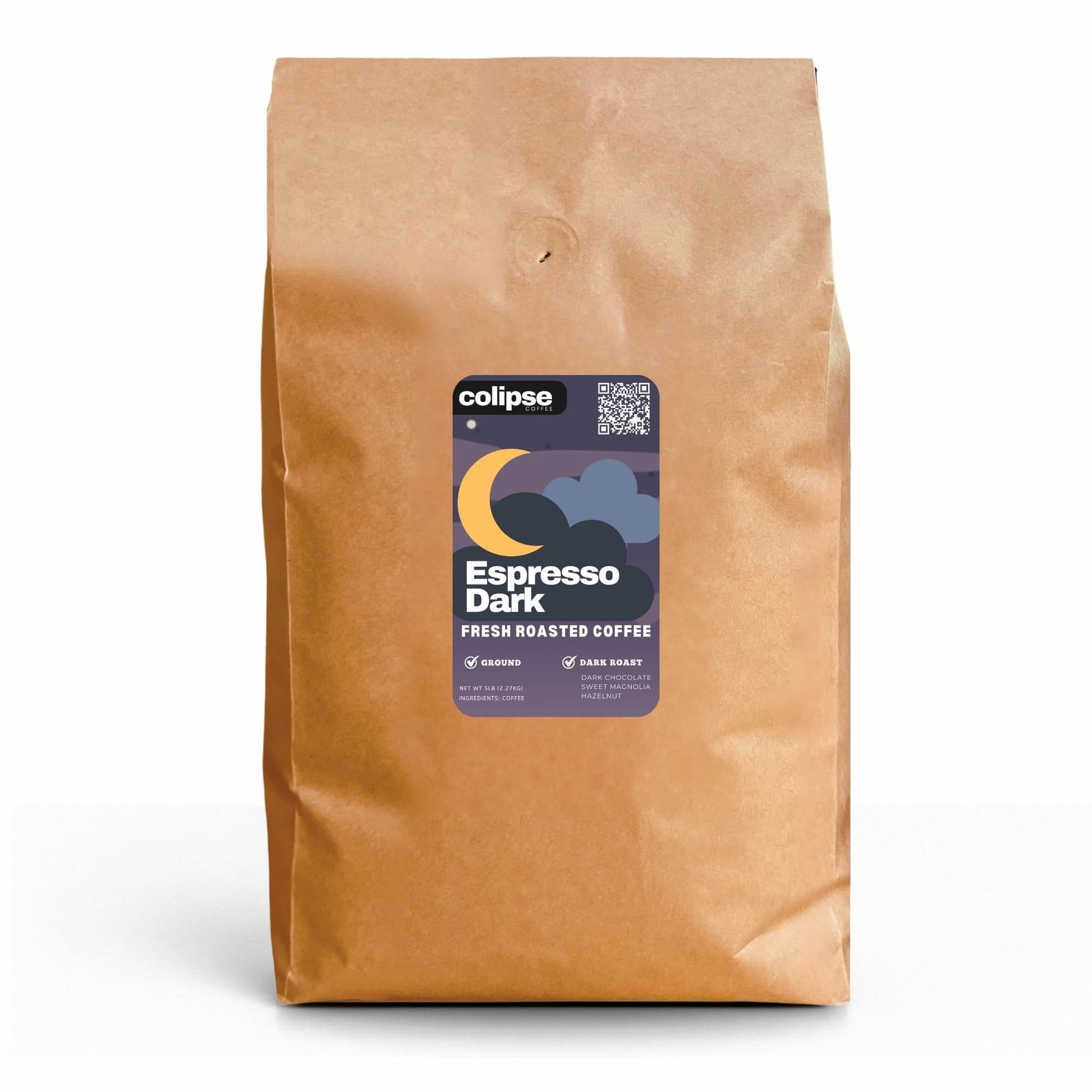 A bag of Colipse brand Espresso Dark ground coffee, indicating fresh roasted coffee.