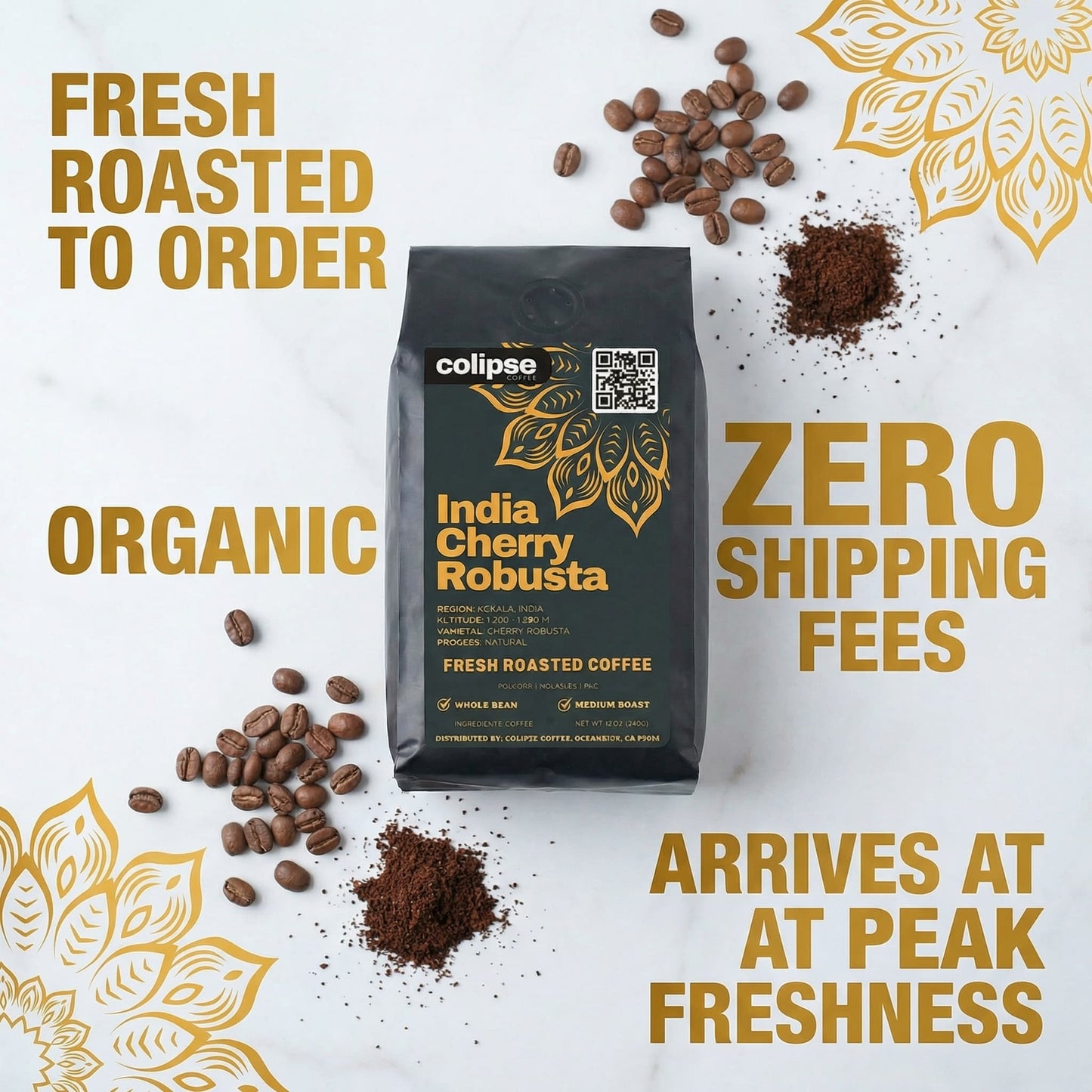 Colipse coffee bag with coffee beans and text about freshness and shipping fees on a white background