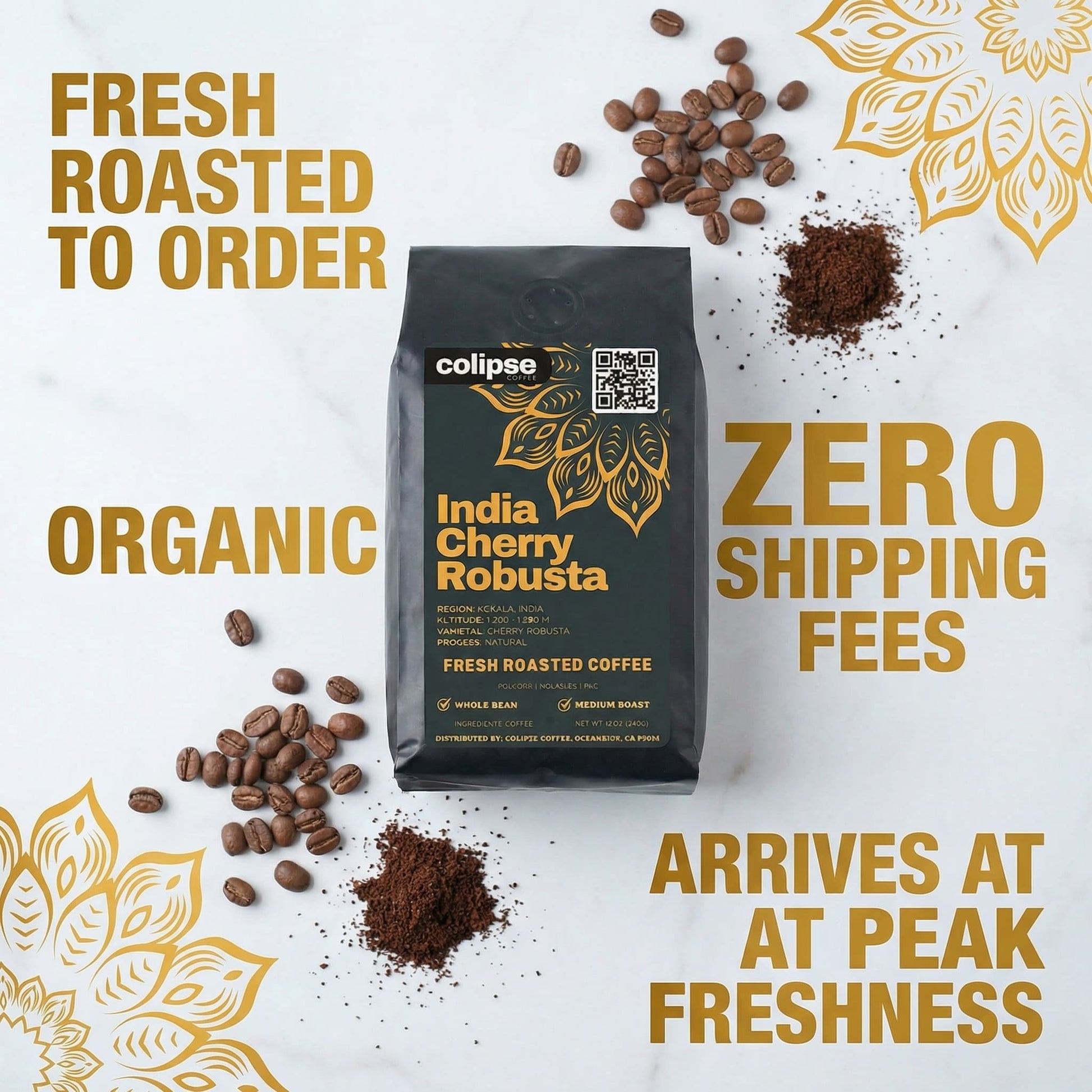 Colipse coffee bag with coffee beans and text about freshness and shipping fees on a white background