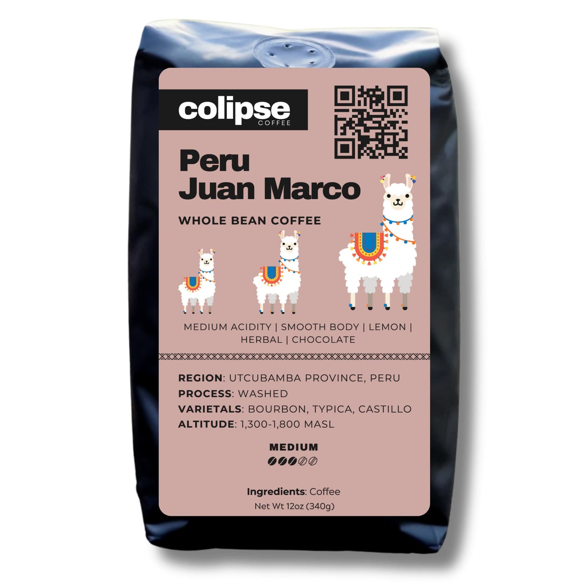 A bag of Colipse Peru whole beans with smooth, nutty, and chocolatey flavors.