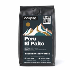 A bag of Colipse Peru whole beans with smooth, nutty, and chocolatey flavors.