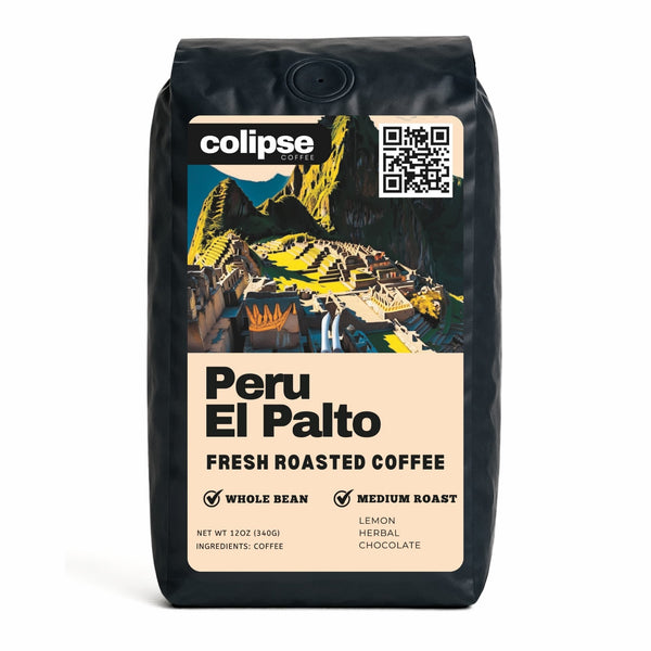 A bag of Colipse Peru whole beans with smooth, nutty, and chocolatey flavors.