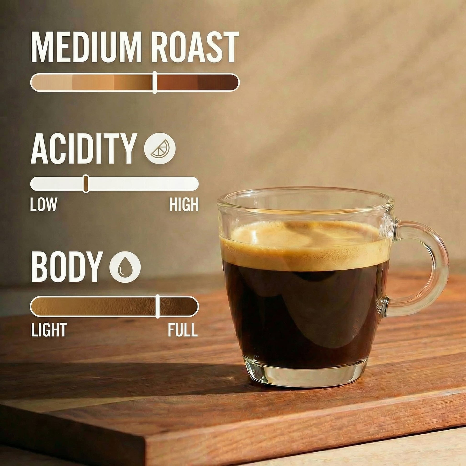 Glass of medium roast coffee with flavor profile indicators on a wooden surface