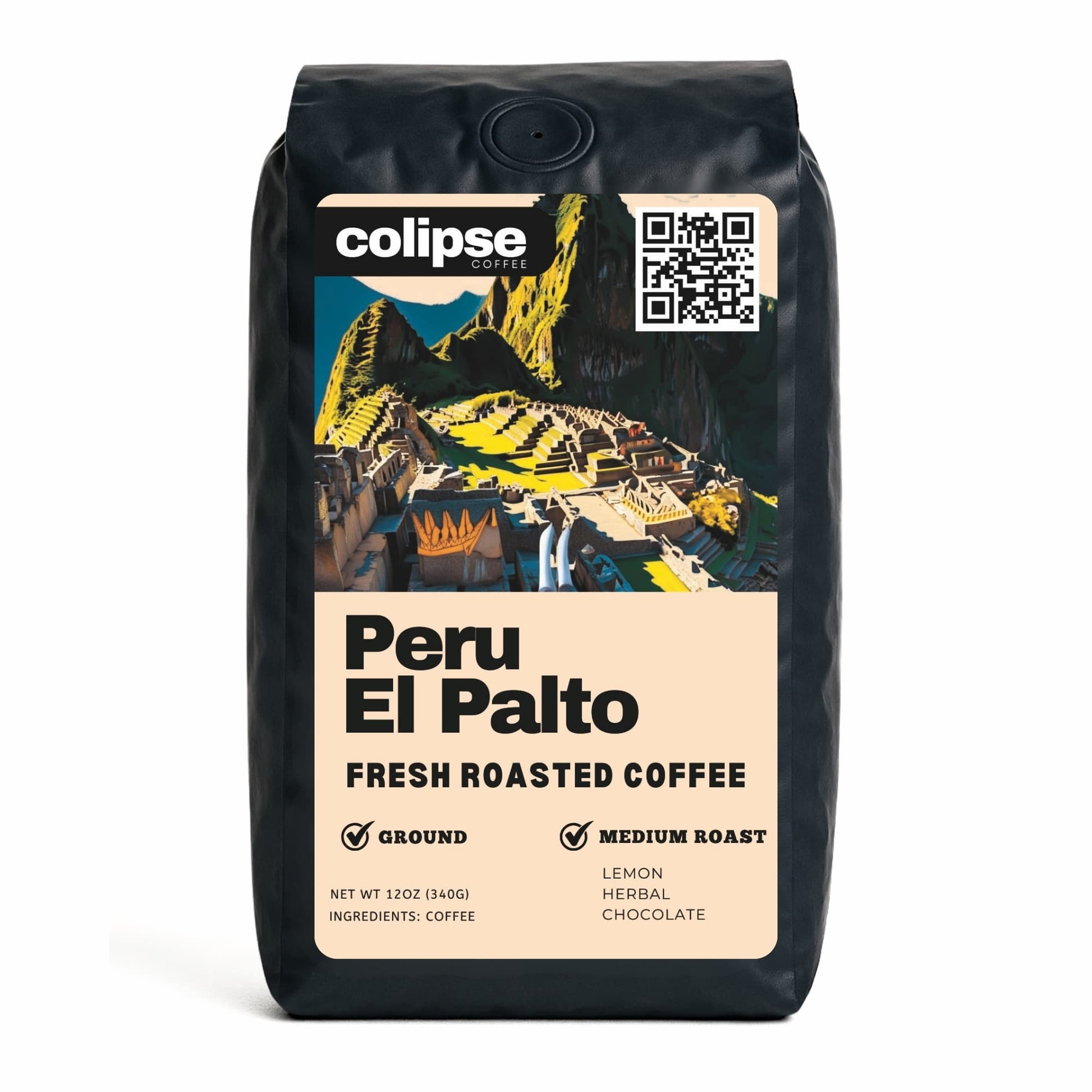 A bag of Colipse Peru coffee grounds, mild and sweet with cocoa notes.