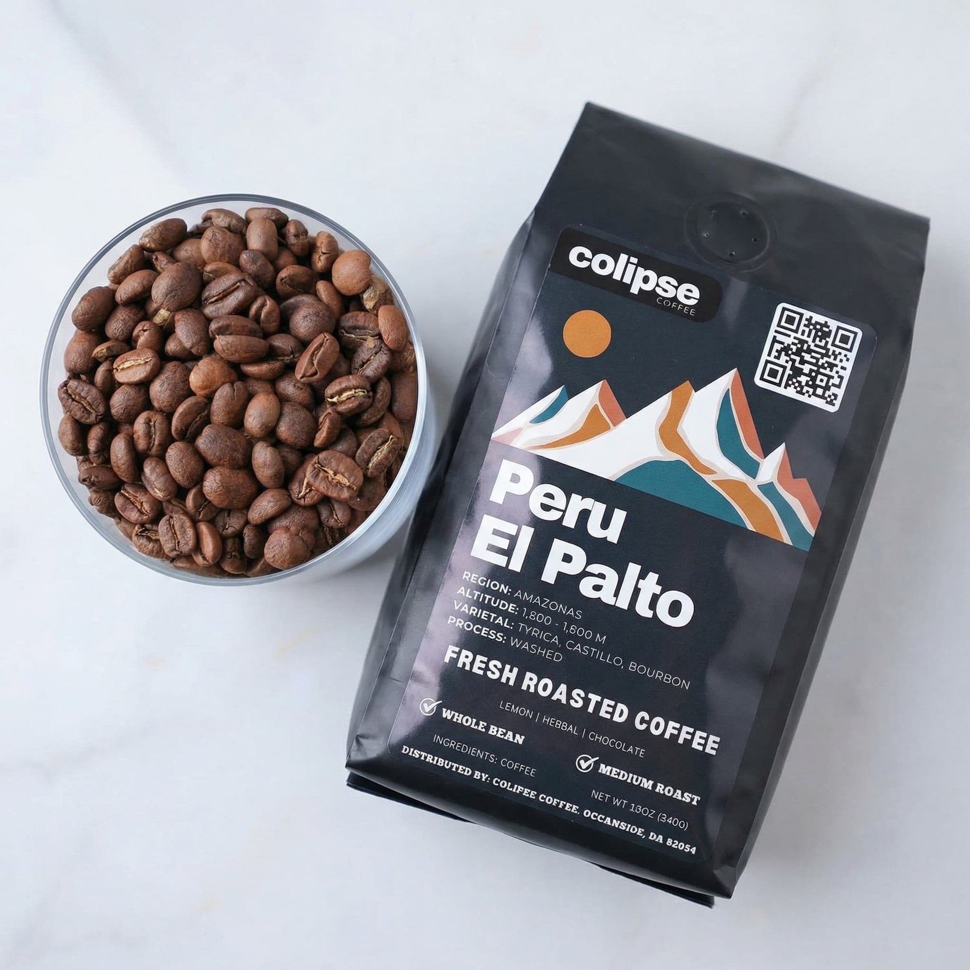 Colipse Coffee Peru El Palto package with a bowl of coffee beans on a white background