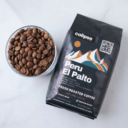 Colipse Coffee Peru El Palto package with a bowl of coffee beans on a white background